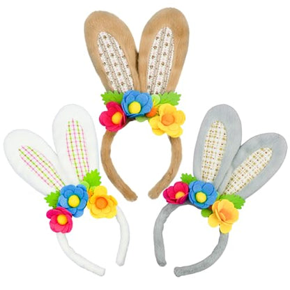 3 Pack Luxurious Easter Bunny Ears Headband Cute Plush Rabbit Ears for Kids Adult Cosplay Birthday Party Supplies - color: 3pcs Headband With Flowers-2