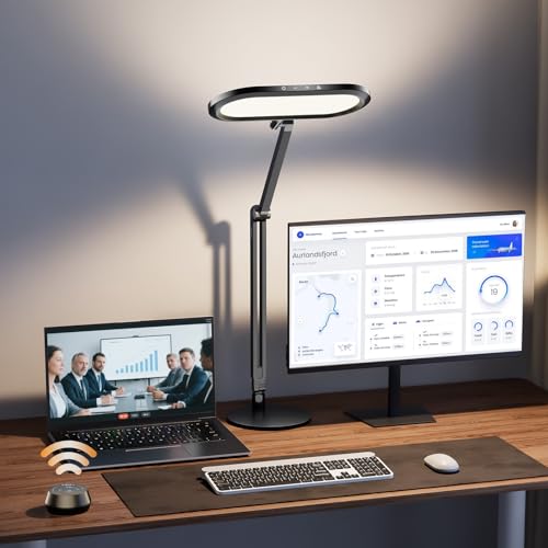 Premium LED Desk Lamp for Home Office – Eye-Caring Double Side Light with Knob Remote, Stepless Dimming & Color, Memory, Metal Table Lamp for Zoom, Studying, Video Conference, Flicker-Free, Glare-Free - color: Black