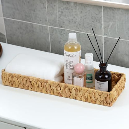 Bathroom Vanity Tray, 16.7 Inch Water Hyacinth Toilet Tank Baskets, Long Wicker Counter Tray for Paper Hand Towel, Bathroom Counter Organizer for Decor Coffee Table (16.7" x 6" x 2") - size: 16.7" x 6" x 2"