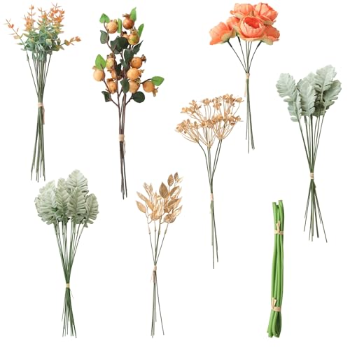 Floroom Artificial Greenery Stems Box Set, 63pcs with 7 Kinds of Faux Greenery Flowers Picks for DIY Bridal Bouquets Wedding Floral Arrangement Table Centerpieces, Burnt Orange & Green - color: Burnt Orange & Green