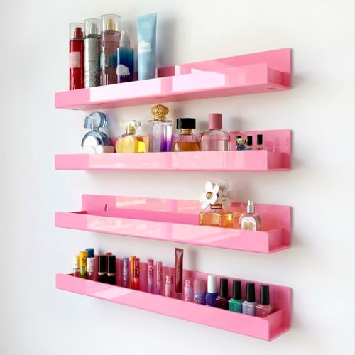 4 Pack 15 Inch Pink Acrylic Shelves, Kids Floating Bookshelf for Kids Room, Modern Nail Polish Rack Sunglasses Essential Oil Picture Ledge Display Toy Storage Wall Shelf - color: 15in-pink