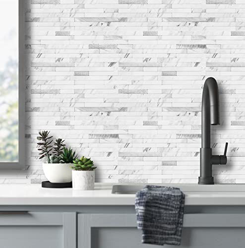 AULIGET Faux Stone Peel and Stick Backsplash, PVC Mixed Metal Wall Tiles Stick on Backsplash (2, White Marble Look) - color: Marble White + Metal Silver, size: 2 Sheets, 6"x12"x0.12"