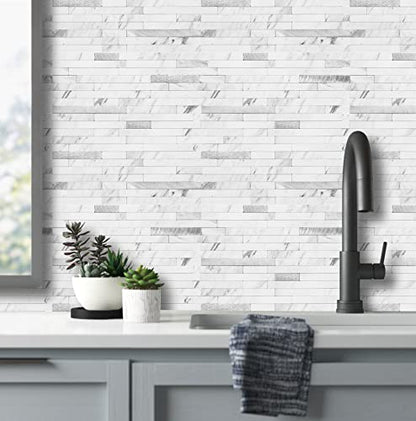 AULIGET Faux Stone Peel and Stick Backsplash, PVC Mixed Metal Wall Tiles Stick on Backsplash (2, White Marble Look) - color: Marble White + Metal Silver, size: 2 Sheets, 6"x12"x0.12"