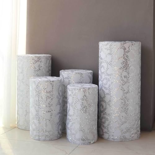 Efavormart Set of 5 Silver Sequin Mesh Cylinder Display Box Stand Covers with Leaf Vine Embroidery, Sparkly Sheer Tulle Pedestal Pillar Prop Covers - color: Silver, size: Sequin Mesh Cylinder Covers - Leaf Pattern