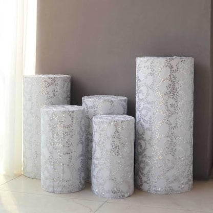 Efavormart Set of 5 Silver Sequin Mesh Cylinder Display Box Stand Covers with Leaf Vine Embroidery, Sparkly Sheer Tulle Pedestal Pillar Prop Covers - color: Silver, size: Sequin Mesh Cylinder Covers - Leaf Pattern