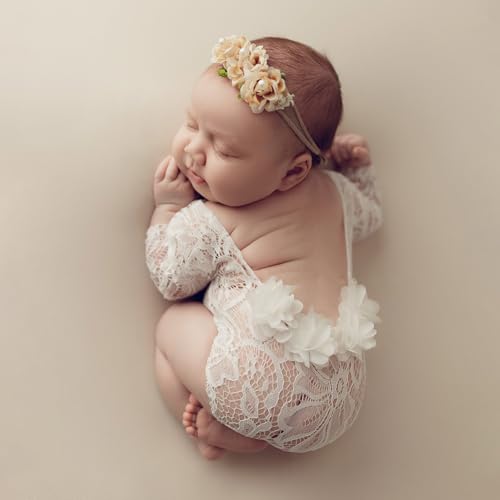 Newborn Lace Romper, 2 PCS Baby Girl Photography Props, Newborn Girl Photography Outfits with Flower Headband for Infants - color: White