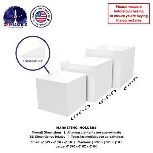 2 Pack Acrylic Display Riser Boxes 3 Piece White Retail Product Riser No Lid with Hollow Bottom 4", 5", 6" High Nesting Bins One Open Side Merchandise Storage Box by Marketing Holders - size: Set of 3 White