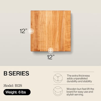 John Boos B Series Square Wooden Maple Cutting Board 12”x12” – 1.5” Thick, 6-lb Non-Reversible Butcher Block with Wood Bun Feet & Edge-Grain - color: Maple with Wood Feet, size: 12"L x 12"W