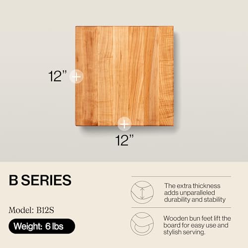 John Boos B Series Square Wooden Maple Cutting Board 12”x12” – 1.5” Thick, 6-lb Non-Reversible Butcher Block with Wood Bun Feet & Edge-Grain - color: Maple with Wood Feet, size: 12"L x 12"W
