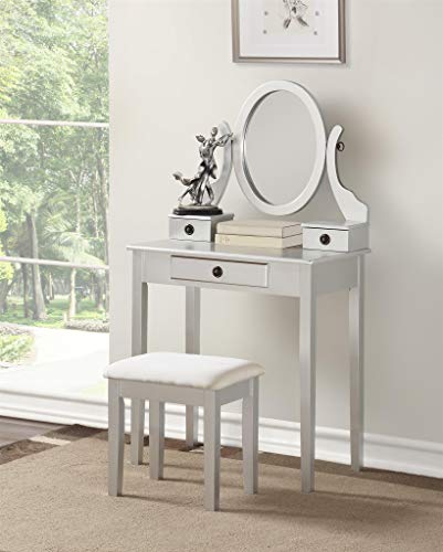 Roundhill Furniture Moniys Wood Moniya Makeup Vanity Table and Stool Set, Silver - color: Silver