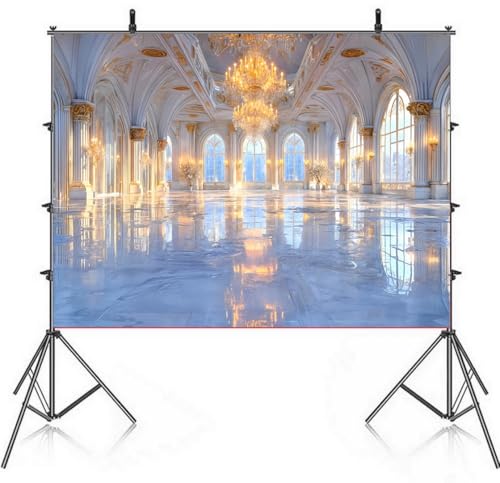 Winter Palace Photography Polyester Backdrop 7x5FT, Elegant Frozen Royal Scene with Crystal Chandelier & Snowy Windows, ICY Blue Tones & Reflected Marble Floor