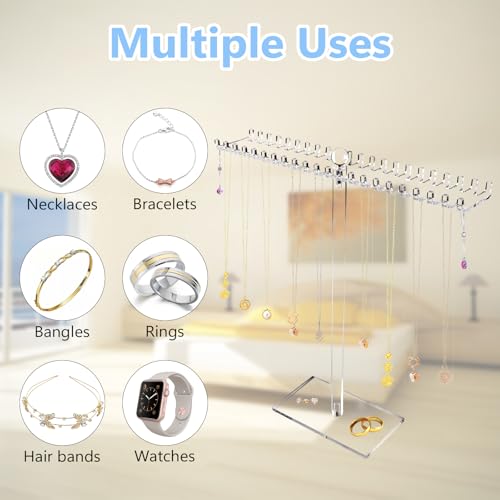 Jewelry Stand, Acrylic Necklace Holder, Clear Jewelry Organizer with Bilateral Hooks, Necklace Display Stand for Bracelets Earrings Rings Bangles