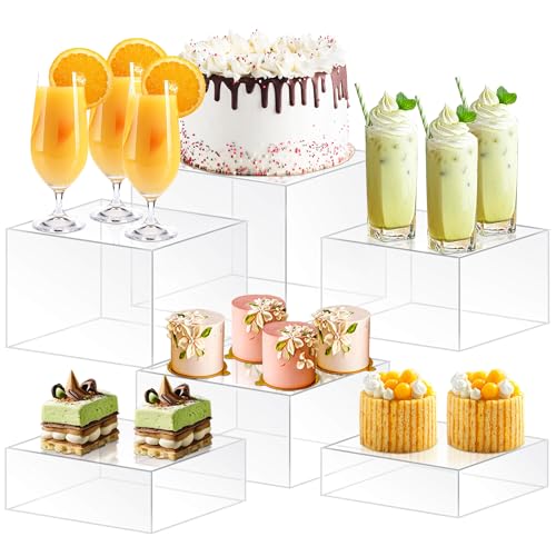 6Pcs Buffet Risers, Food Risers for Buffet Table, Acrylic Cube Display Risers with Hollow Bottom, Food Display Stand for Party Jewelry Dessert Figures (Size 5.5",6",6.5",7",7.5",8") - color: Clear-Cube