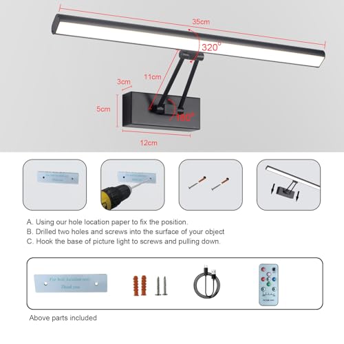 Picture Light, 13.5" Art Light, Black Picture Light Battery Operated,3CCT,Wireless Picture Lights with Remote, Light Over Picture Frame for Wall Painting(Black) - color: Matt Black, size: 13.5inches