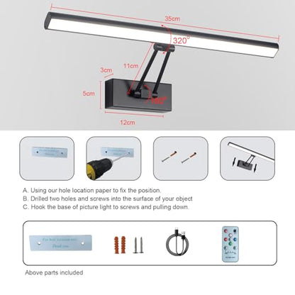 Picture Light, 13.5" Art Light, Black Picture Light Battery Operated,3CCT,Wireless Picture Lights with Remote, Light Over Picture Frame for Wall Painting(Black) - color: Matt Black, size: 13.5inches