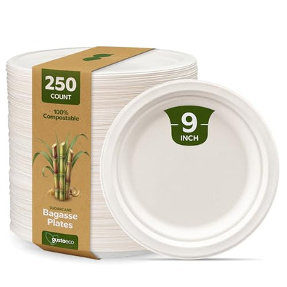 GUSTO [9 Inch - 250 Pack Heavy-Duty White Paper Plates, 100% Compostable, Eco-Friendly - Biodegradable Disposable Plates, Sugarcane Paper Plates