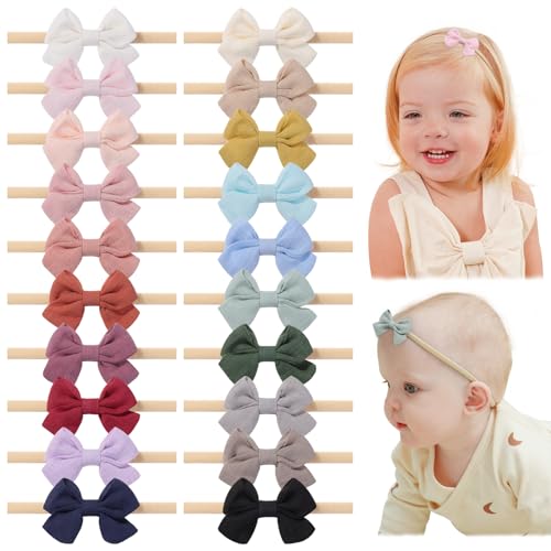 jollybows 20pcs Baby Girl Bow Headbands Newborn Nylon Hairband 2" Neutral Linen Infant Hair Bows - color: 5- 20PCS baby girl headbands