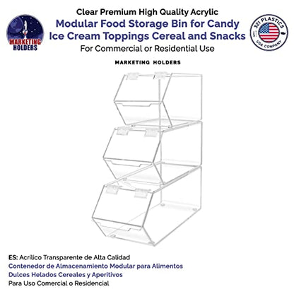 Marketing Holders Stackable Candy Bins Small Medium and Large Storage Caddys with Hinged Lid for Ice Cream Toppings Candies Nuts Granola Cereal and Wrapped Snacks Clear Acrylic - size: Set of 3 Candy Bins