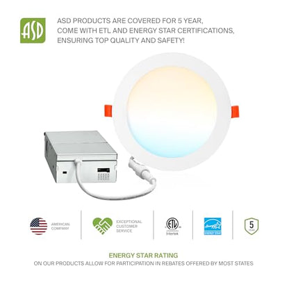 ASD 6 Pack LED Recessed Lighting 6 Inch 15W, 5 CCT 2700K-5000K CRI90+, IC Rated Ultra Thin Dimmable Ceiling Lights with J Box, Canless Wafer Downlight, Round Slim Panel Light, Energy Star ETL, White - color: White, size: 6 Inch 6 Pack