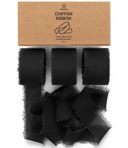 Vitalizart Black Chiffon Silk Ribbon 1" x 21 Yd Fringe Fabric Package (3 Rolls * 7 Yd) for Wedding Invitations Bridal Bouquets Decorations Gifts Wrapping & Bow Making - color: Dark Black