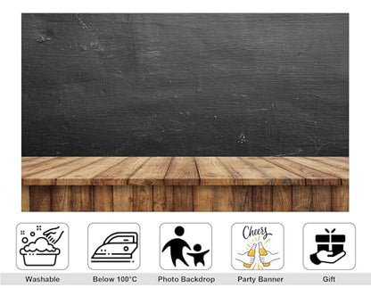5x4ft Dark Chalkboard Backdrop Scratched Black Surface with Light Wood Table Photography Background for Classroom Theme and Food Styling Tapestry Decorations Banner Photo Booth Props - size: 5x4ft