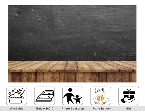8x5ft Dark Chalkboard Backdrop Scratched Black Surface with Light Wood Table Photography Background for Classroom Theme and Food Styling Tapestry Decorations Banner Photo Booth Props - size: 8x5ft