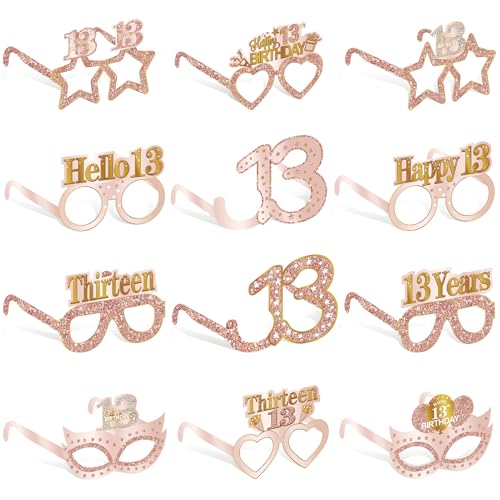 Guiruiy 24PCS 13th Birthday Paper Eyeglasses Decorations for Girls, Pink Rose Gold Happy 13th Birthday Eyeglasses Party Supplies, Funny 13 Year Old Birthday Thirteen Teenager Glasses Decor - style: Rose Gold 13th