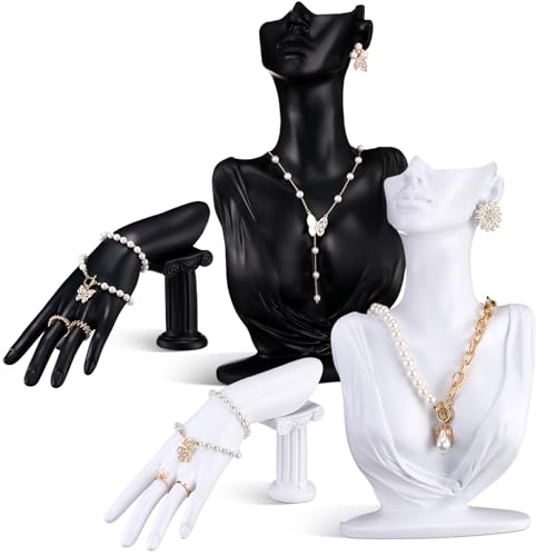 Yalikop 4 Pack Resin Jewelry Mannequin Display Set Necklace Earring Display Stand and Female Mannequin Hand Ring Bracelet Holder Bust Organizer Black White for Shows Selling Home Decor (Elegant) - color: Elegant