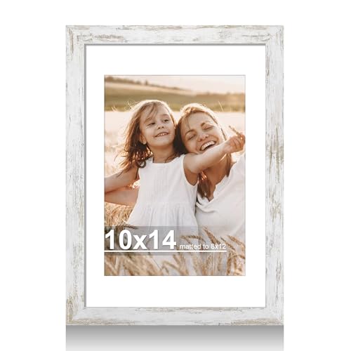 Hongkee 10x14 Picture Frame with Real Glass - 8x12 Wooden Frame with Mat, Horizontal and Vertical Display for Wall or Tabletop (Distressed White, 1 Pack) - color: Distressed White, size: 10X14 in