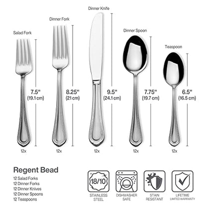Mikasa Regent Bead 65-Piece Silverware Set, 18/10 Stainless Steel Flatware Service for 12, Includes 5 Serving Tools, Dishwasher Safe Polished Cutlery - size: 65 Piece Set, style: Regent Bead