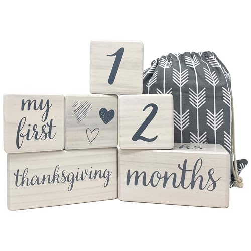 Pondering Pine Baby Milestone Blocks - Natural White Stain Pine Wood with Weeks Months Years Grade and Holidays, Newborn Weekly Monthly First Year Picture Props, 6 Block Milestones Age Set with Bag - color: White, size: 6 Piece