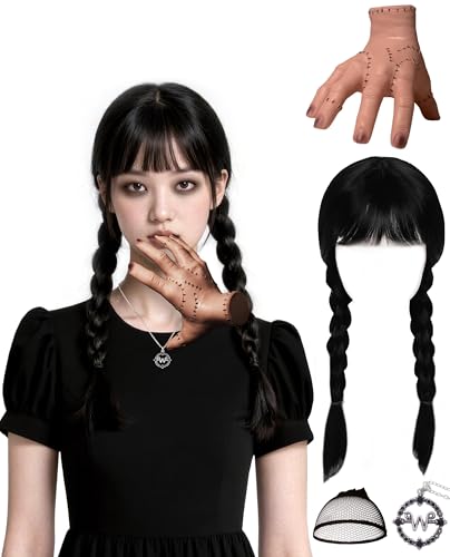 Gothic Girls Costume Women Dark Academia Wig Hand Thing prop Necklace For Adult Halloween Cosplay-Bangs Wig