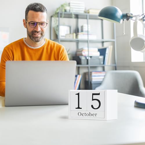 Wooden Block Calendar for Desk, Large Size Daily Desktop Perpetual Desk Calendar, Cute Date Display Desk Accessories for Home Office Decor, Teacher, Classroom, Reusable Yearly, White - color: White, size: Large Size
