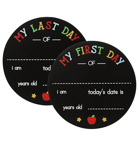 Kate & Milo First and Last Day of School Chalkboard Sign, Reversible Round Back to School Photo Prop with Chalk, Kids Milestone Board - style: Round School Days Chalkboard