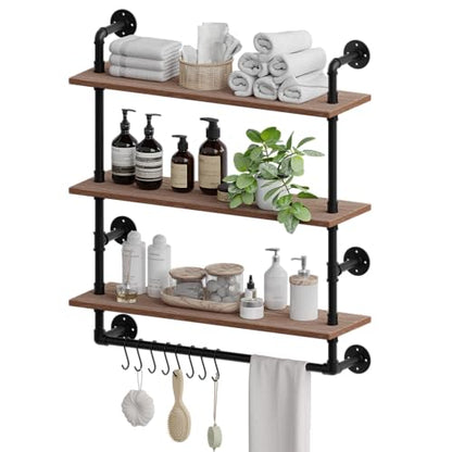 ROGMARS Industrial Pipe Shelving Bathroom Shelves with Towel bar, 24 in Rustic Floating Shelves Pipe Wall Shelf,3 Tier Wall Mounted Shelves with Hook - color: Rustic Brown, size: 24 inch 3 tier