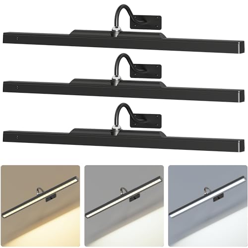 24Inch Picture Lights Battery Powered 6000mAh -3 Pack Black Wireless Remote Control Sconces for Gallery, Living Room, Museum & Large Wall Art - color: Black, size: 24IN-3pack
