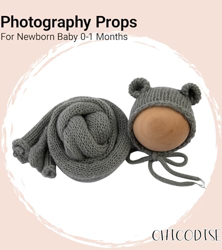 Baby Photography Props Infant Boy Girl Outfits - Crochet Knit Mohair Wrap Blanket & Bear Hat for Newborn Photo Shoots (Grey) - color: Grey
