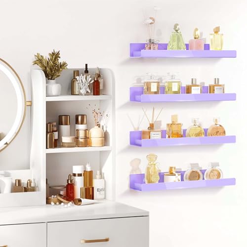 4 Pack 15 Inch Purple Acrylic Shelves, Kids Floating Bookshelf for Kids Room, Modern Nail Polish Rack Sunglasses Essential Oil Picture Ledge Display Toy Storage Wall Shelf - color: 15in-purple