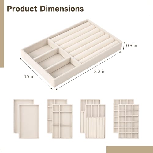 Homaisson Jewelry Drawer Organizer, Velvet Jewelry Tray, Multiple Compartment Layout, Set of 4 Jewelry Organizer for Rings, Earrings, Bracelets, Necklaces (Beige) - color: Beige