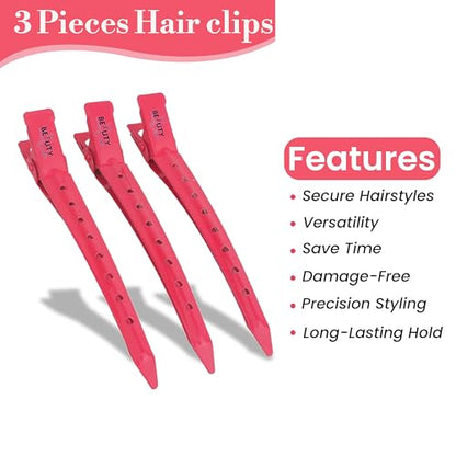 Beauty & Crafts Tape in Hair Extension Tools Kit with Flat Surface Stainless Steel Tape in Hair Extensions Sealing Clamp Plier, 2 Hair Parting Rings, 3 Hair Clips With Leather Pouch (Pink)