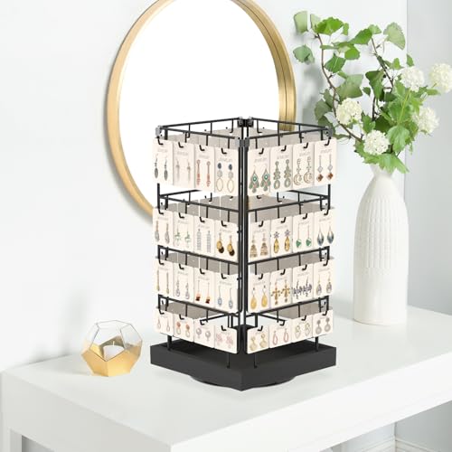 EsLuker.ly Rotating Earring Display Holder Stand for Vendors Events Selling, Large Capacity 64 Hooks Jewelry Rack with Wooden Base for Earring Card Sales, Enhances Retail Visibility - color: Black+Black