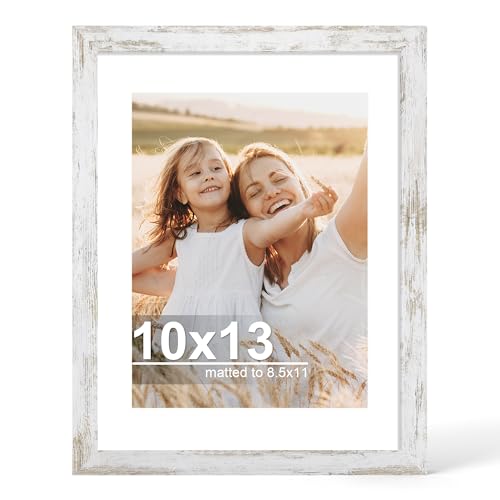 Hongkee 10x13 Picture Frame with Glass, Display Diploma 8.5x11 with Mat or 10 x 13 without Mat - Wall and Tabletop, 10 by 13 Photo Wooden Frames (Distressed White, 1 Pack) - color: Distressed White, size: 10X13 in