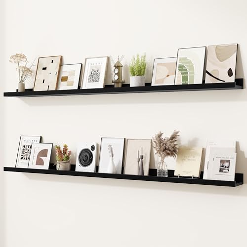 Heimlove Picture Ledge Shelf,56 inch Long Floating Shelves for Wall Set of 2,Black Picture Shelf with Lip for Wall Decor,Living Room,Bedroom,Bookshelf,Nursery,Perfume - color: Black, size: 56'', Set of 2