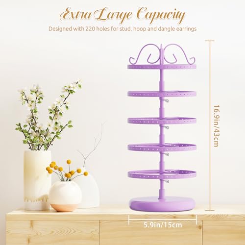Modowey Rotating Earring Holder Organizer Stand, 5 Tier Metal Tree Display for Women Vendors, 220 Holes Adjustable Jewelry rack for Stud Hoop Dangle Storage, Trendy Carousel Keeps Dresser Neat, Purple - color: Purple, size: 5 Tier, 220 Holes