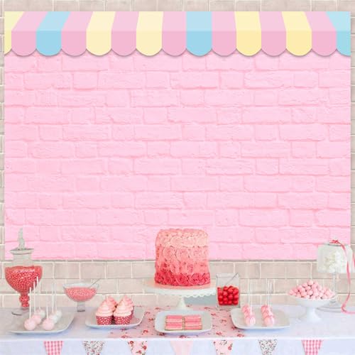 Pink Brick Wall Ice Cream Parlor Photography Background 7X5ft Fabric Princess Girl Kids Baby Girl Birthday Party Backdrops Dessert Cake Table Decor Props Supplies - size: 7x5ft(210x150cm)