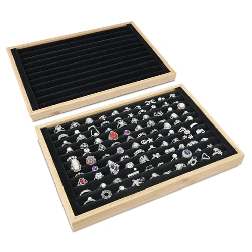 MOOCA 2 Pcs Bamboo Ring Display Tray Set with Black Suede Lining, Ring Organizer for Jewelry Storage and Display, Beige Color, 14W x 9.7D x 1.2H in - color: Black Velvet, Bamboo Tray, 10 Long Slots