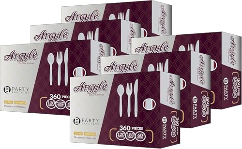 PARTY BARGAINS Argyle White Plastic Cutlery Set 2160-Piece – 1080 Forks, 720 Spoons, 360 Knives – Heavy-Duty Disposable Utensils for Parties, Weddings, Buffets, BBQs & Catering – BPA Free - color: Argyle White, size: 2160 Pieces
