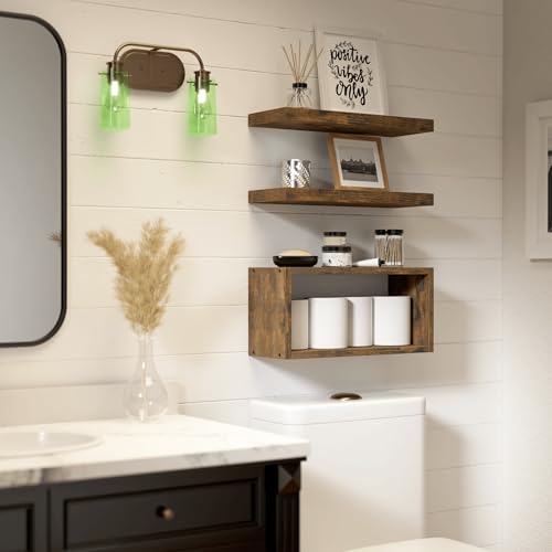 RICHER HOUSE Floating Shelves Set of 3, Modern Bathroom Shelves Wall Mounted Shelves with Invisible Brackets Over Toilet, Rustic Wall Shelves for Bathroom Bedroom, Living Room, Kitchen - Brown - color: Brown, size: 2+1