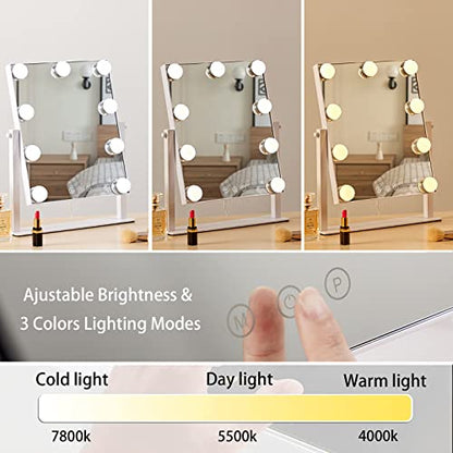 HIEEY Hollywood Vanity Mirror with Lights, Makeup 9 Dimmable Bulbs Three Color Lighting Modes, and 5X Magnification Mirror, Smart Touch Control, 360°Rotation (White) - style: 14.1"L x 11.4"W (9 Bulbs)
