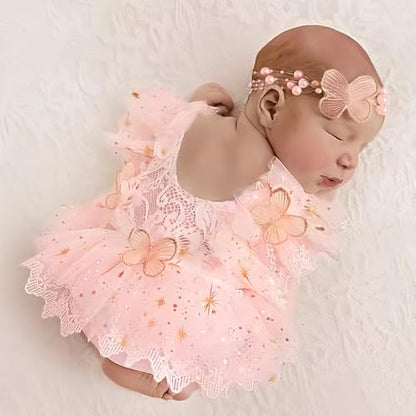 Newborn Photography Outfits Girls Baby Photography Props Lace Romper With Headband Baby Photo Shoot Outfits Girls Photo Props - color: Pink